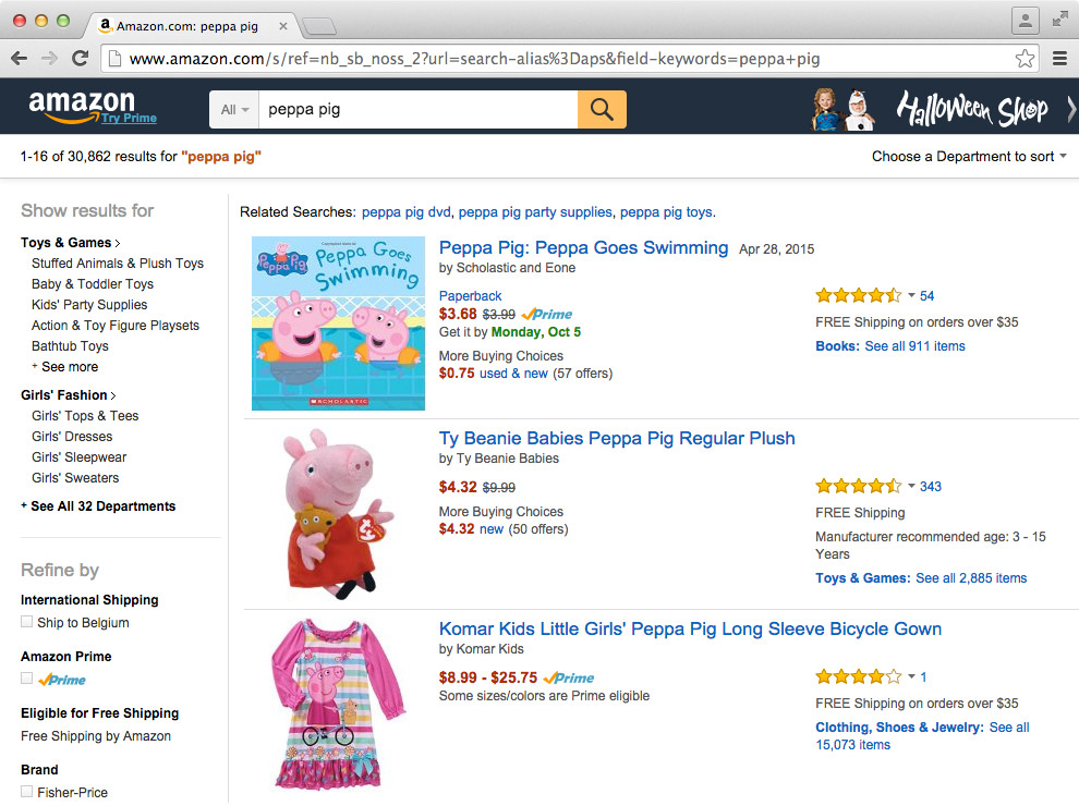 [A screenshot of an Amazon search page for “Peppa Pig”, showing 3 Peppa Pig articles, surrounded with navigation bars and explanatory texts.]